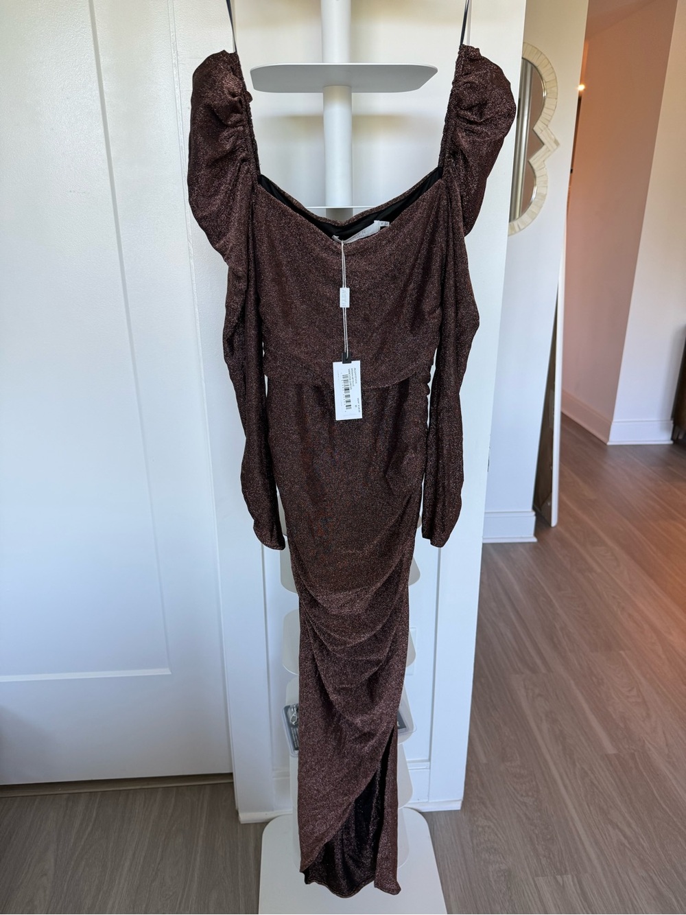 Astr Brown Metallic Ruched Maxi Dress